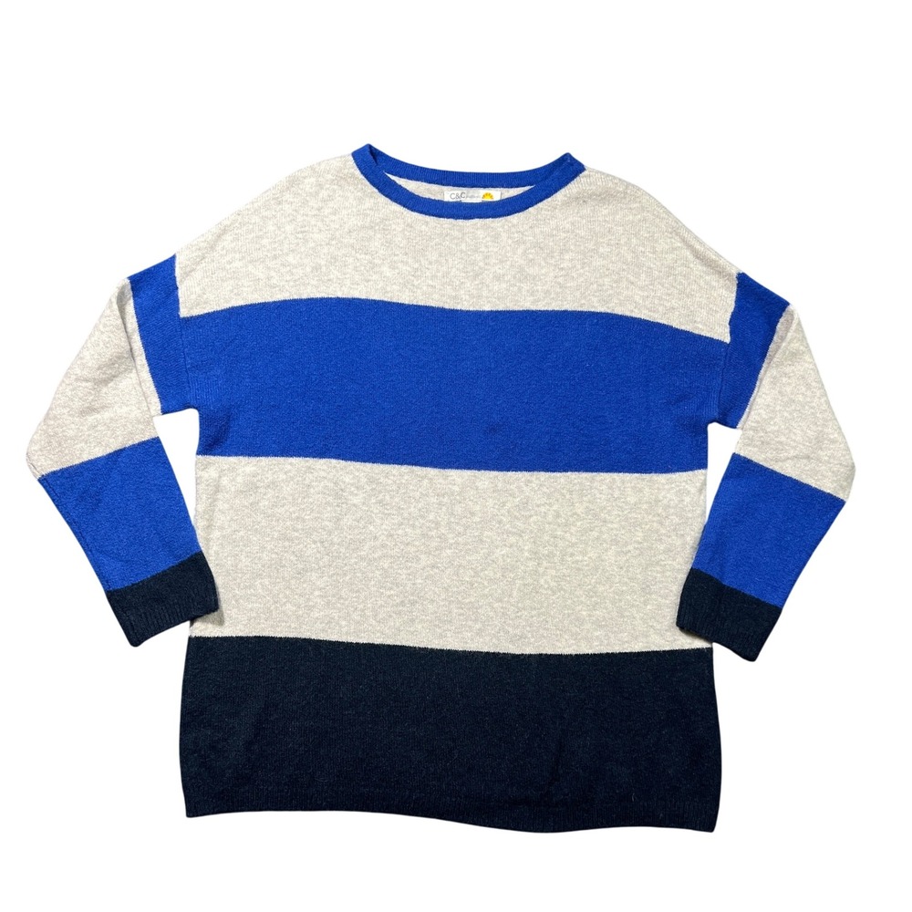 C&C California Women 1X Colorblock Striped Wool Blend Crewneck Sweater Blue Grey